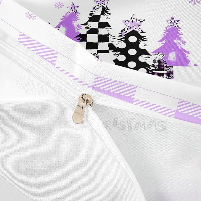 Manfei Xmas Trees Duvet Cover Set Twin Size, Purple Plaid Grid Snowflake Bedding Set for Kids Girls Bedroom Decor, Christmas Theme Comforter Cover New Year Quilt Cover with 1 Pillowcase, No Comforter