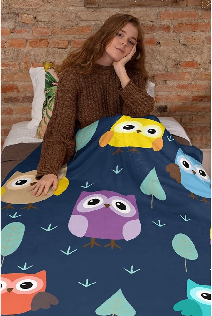 Thuswarm Cute Colorful Owl Flannel Blanket for Autumn Winter Gifts Warm Cozy Soft Funny Print Throw for Bed Couch Sofa 80”×60” Large for Adult