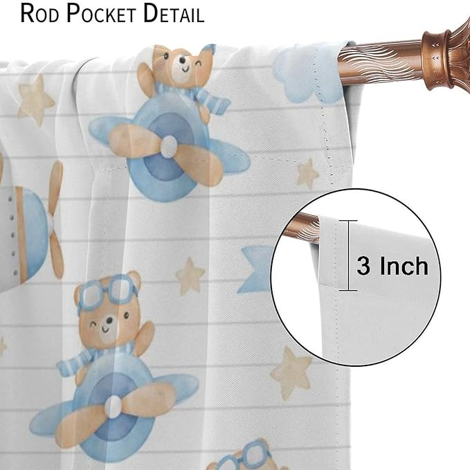Cartoon Bear Curtains, Lovely Bear Adventure Airplane Blue White Stripe Blackout Window Treatments, Rod Pocket Thermal Insulated Drapes 2 Panel Sets for Kids Bedroom Nursery Classroom, 52"W X 84"L
