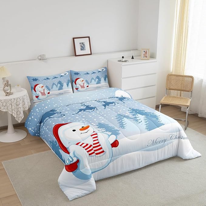Manfei Snowman Comforter Set Queen Size, Xmas Deer Trees Print Quilt Set with 2 Pillowcases, Winter Snowflake Merry Christmas Bedding Set 3pcs for Kids Boys Girls Bedroom Decor