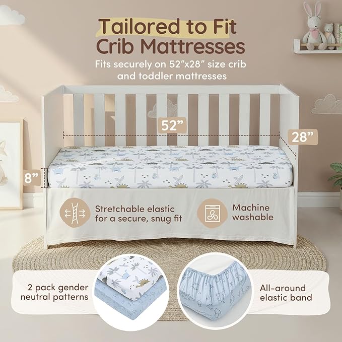 Baby Dinosaur Crib Sheets for Boys & Girls Toddler Bed Sheets Cotton Fitted Crib Sheet Neutral Sets 28"x52", 8" Deep Pocket, Baby Mattress Sheet 2Pack 100% Cotton, Designed in France, Blue White