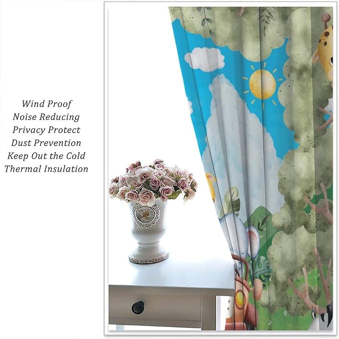 Jungle Animals Curtains, Cartoon Safari Animals Tropical Forest Leaf Blackout Window Treatments, Rod Pocket Thermal Insulated Drapes 2 Panel Sets for Kids Bedroom Nursery Classroom, 42"W X 45"L