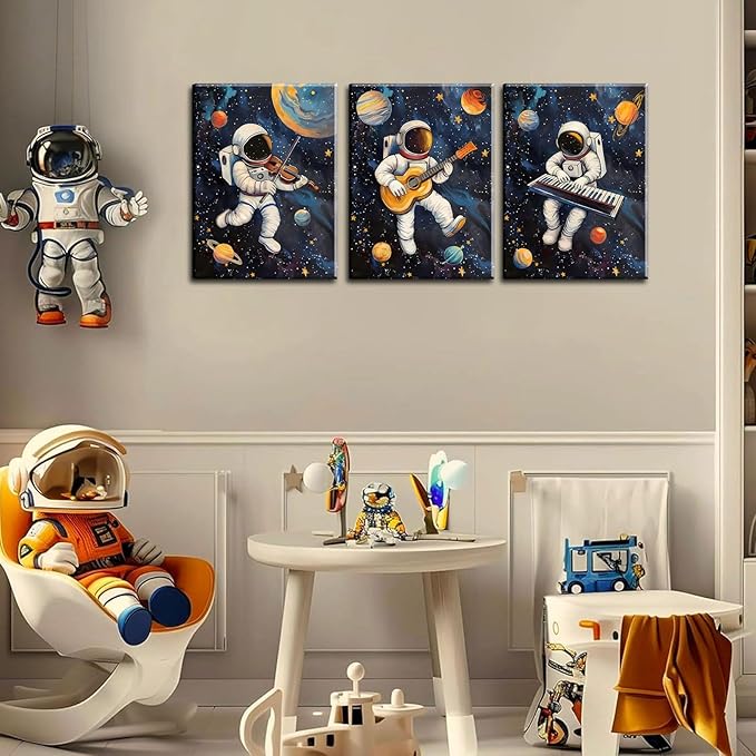 3Pcs Space Astronaut Music Canvas Wall Art Cute Astronaut Musician Decor Pictures Funny Piano Guitar Violin Posters Prints for Boys Room Girls Room Kids Room Nursery Decoration