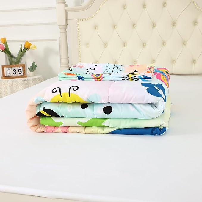 Rainbow Comforter Set Queen Size Cartoon Frogs Bedding Sets for Girls Kids Women Boys Flowers Butterfly Bees Snails Insects Cute Kawaii Quilt 1 Comforter + 2 Pillow Cases