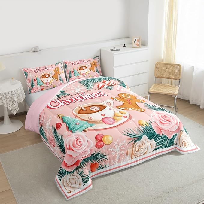 Feelyou Christmas Tree Comforter Set All Season Gingerbread Man Bedding Set with 2 Pillow Cases Merry Christmas Microfiber Kids King Bedclothes Xmas Bedroom Decor Duvet Quilt Soft Lightweight