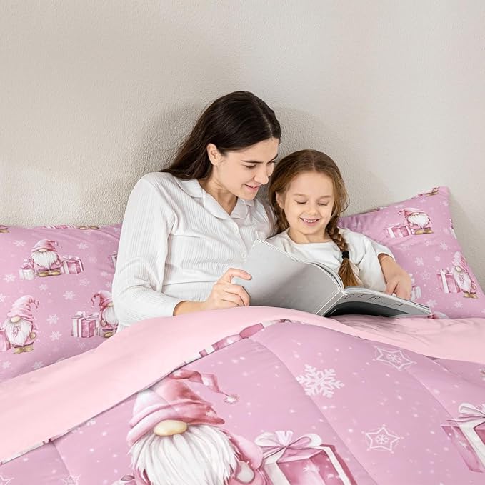 Feelyou Pink Christmas Bedding Set Soft for Boys Girls, Scandinavian Christmas Santa Gnomes Comforter Set King Size Xmas Snowflake Duvet Quilt Bedroom Decor 3 Pcs with 2 Pillow Cases