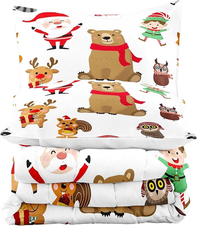 LUVIVIHOME 3PCS Merry Christmas Comforter Set Full Size, Boys Girls Kids Bedding, White Quilt, Funny Cute Cartoon Santa Claus Elf Owl Elk Reindeer Squirrel Xmas Christmas Bedroom Decor, 2 Pillow Shams