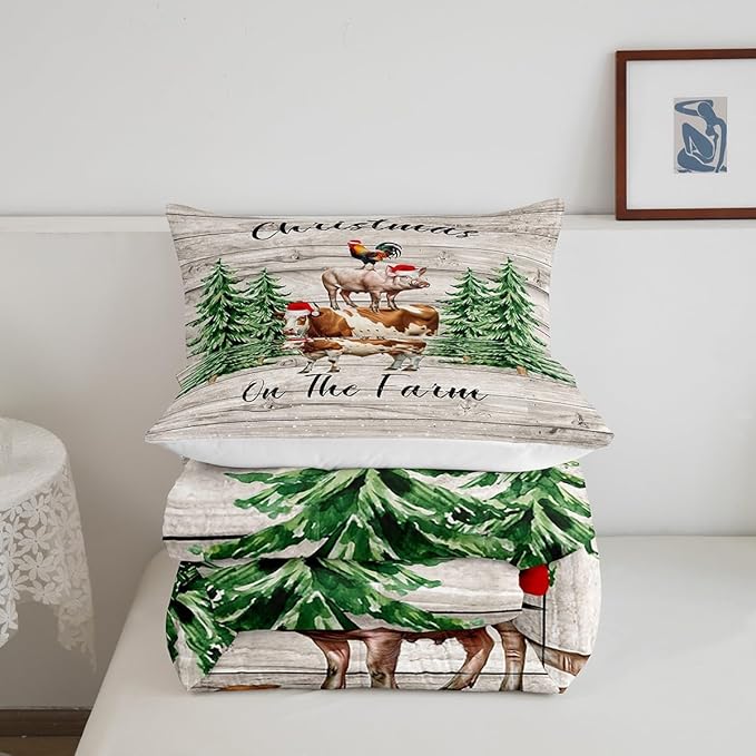 Christmas Farmhouse Twin Size Comforter Set,Xmas Pine Trees Snowflake Duvet Set Soft Bed Collection,Cartoon Cow Chicken Pig Bedding Comforter for Boys Girls Bedroom,2 Pcs