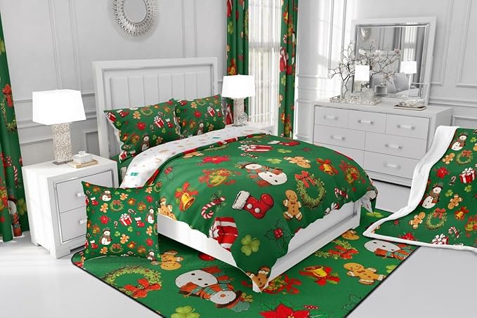 jejeloiu Merry Christmas Comforter Set Toddler Size Cute Snowman Bedding Set for Kids Boys Girls Gingerbread Man Duvet Quilt Green Bedroom Decor
