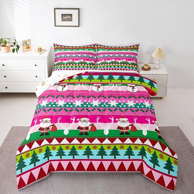 Feelyou Merry Christmas Tree Kids Comforter Set Queen Size Cute Snowman Bedding Set Santa Claus Duvet Quilt for Kids Boys Girls Bedroom Cartoon Bowknot Decor Microfiber Ultra Soft Breathable