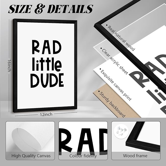 Boys Room Wall Art Decor Toddler Nursery Canvas Wall Art Baby Kids Wall Decor Black Checkered Smiley Poster Pictures Retro Playroom Rad Little Dud Art Prints for Bedroom 12x16x3 Inch Wood Framed
