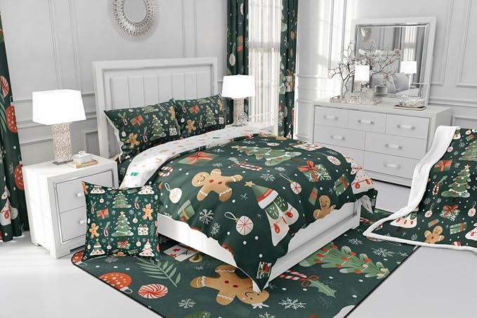 Feelyou Christmas Comforter Set Full Size Xmas Tree Bedding Set for Kids Boys Girls Gingerbread Man Duvet Quilt New Year Gift Bedroom Decor Microfiber 3 Pcs with 2 Pillow Cases