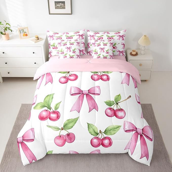 7 Pieces Pink Bowknot Kids Comforter Twin,Cherry Tropical Fruit Bow Patchwork Bedding Set,Bow Tie Butterfly Knot Princess Dreamy（Comforter+Fitted+Flat Sheet+2 Pillowcases+2 Throw Pillow Covers）