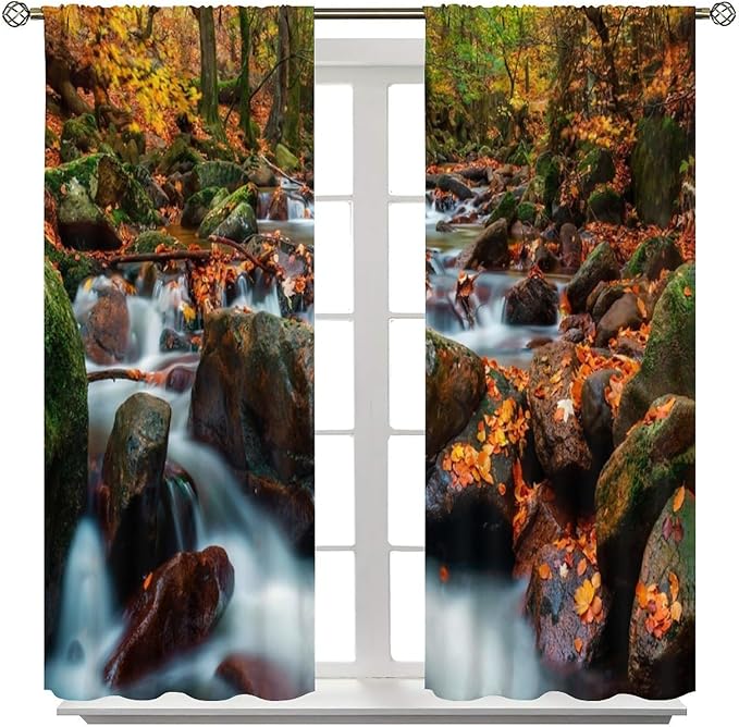 Autumn Waterfall Blackout Windows Curtains, Nature Autumn Forest Farmhouse Window Drapes, for Living Room Bedroom 63" W X 63" L