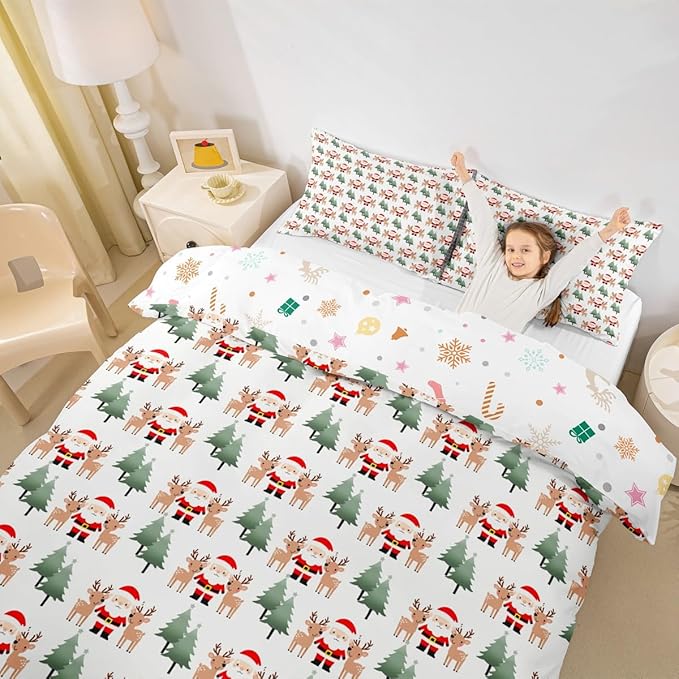 Feelyou Christmas Duvet Cover Cartoon Santa Claus Bedding Set for Kids Boys Girls Teens Room Decor Cute Deer Christmas Tree Comforter Cover Set Xmas Theme Bedspread Cover 3Pcs Zipper Queen Size