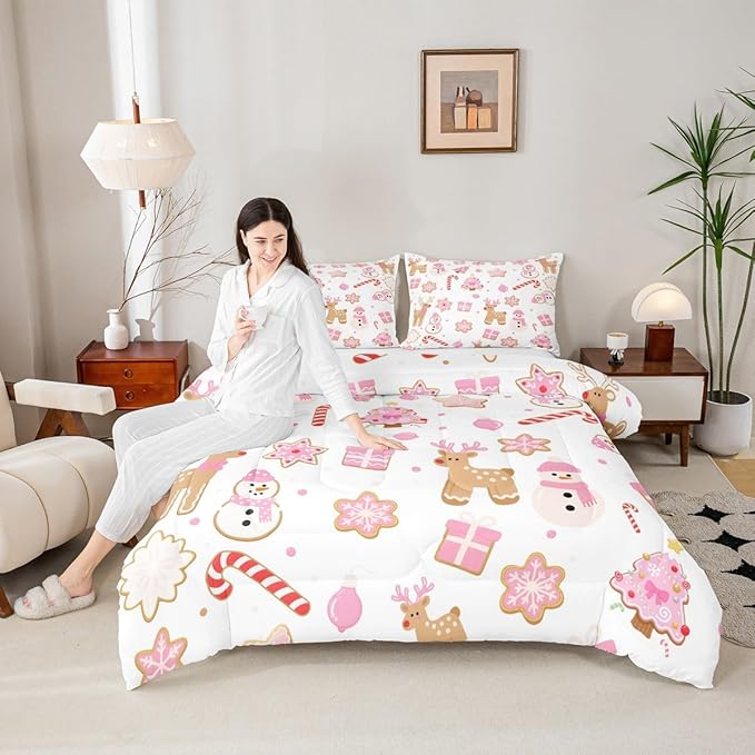 Feelyou Pink Christmas Comforter Set Toddler Size Snowman Deer Bedding Set for Kids Boys Girls Snowflake Duvet Quilt Bedroom Decor Microfiber 2 Pcs with 1 Pillow Cases