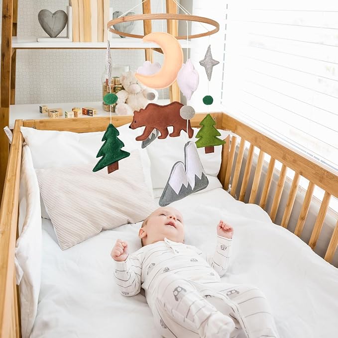 Woodland Baby Mobile, Woodland Mobile for Crib, Bear Crib Mobile for Boys, Nursery Mobile for Bassinet, Pack and Play, Bear Cloud Moon Star Mobile, Mountain Nursery Decor