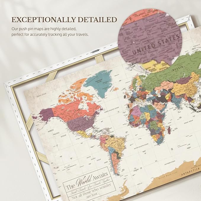 ElephantStock - Personalized World Awaits II Push Pin World Map Wall Art - Horizontal Canvas Wall Art - Living Room Wall Decor - Digital Art Map Canvas Art - Green And Beige Decor - 51" x 34"