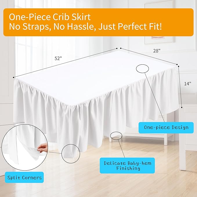 Crib Bed Skirt Dust Ruffle 100% Cotton - Natural, Soft, Breathable for Baby's Delicate Skin, Nursery Toddler Crib Bed Skirt for Baby Boys Girls, Fits Standard Cribs 28" x 52" with 14" Drop