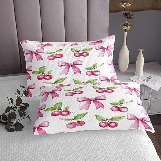 Manfei Pink Bowknot Kids Bedspread Twin Size,Cherry Tropical Fruit Bow Patchwork Coverlet Set,Girls Women Room Decor,Bow Tie Butterfly Knot Princess Quilted Coverlet,Dreamy Bedding Quilt,1 Pillowcase