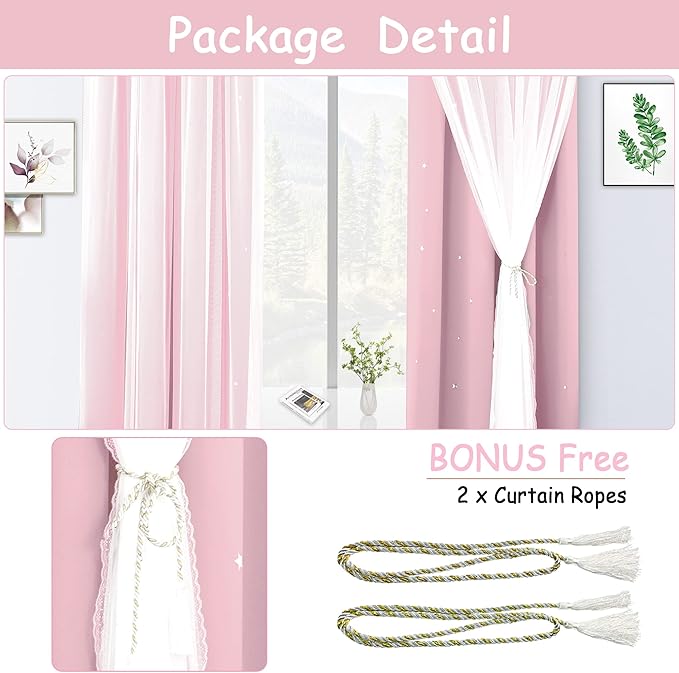 Kinryb Princess Curtains for Girls Bedroom with Sheer Overlay,Double Layer Curtain for Living Room with Star Cutout, Curtains for Kids Room (52 W*36 L Inches,2 Pcs Pink)