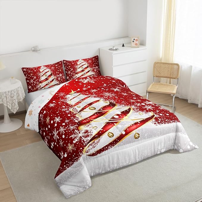 Feelyou Merry Christmas Comforter Set Full Size Christmas Tree Bedding Set for Kids Boys Girls Snowflake Duvet Quilt Winter Bedroom Decor Microfiber 3 Pcs with 2 Pillow Cases