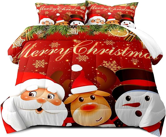 LUVIVIHOME 2PCS Merry Christmas Comforter Set Twin Size, Reindeer Snowman Santa Claus Bedding, Holiday New Year Cute Christmas Bedroom Decor for Kids Boys Girls Teens, Xmas Gifts, 1 Pillow Case