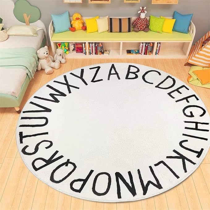 Round Alphabet Rug,2.6ft ABC Rugs for Kids Playroom,Boho Classroom Rug for Living Room, Bedroom, Machine Washable Soft Non Slip Non Shedding-White