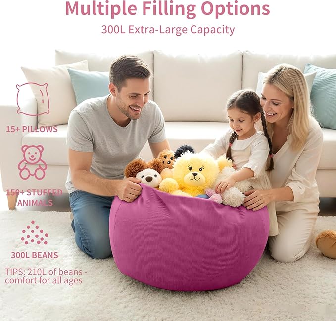 Nobildonna 3 ft Bean Bag Chair Cover (No Filler) 35"×43" Large Stuffed Animal Storage Bean Bag Washable Big Beanbag Chair Cover Premium Corduroy Bean Bag Cover for Adults,Kids,Rose Red 300L