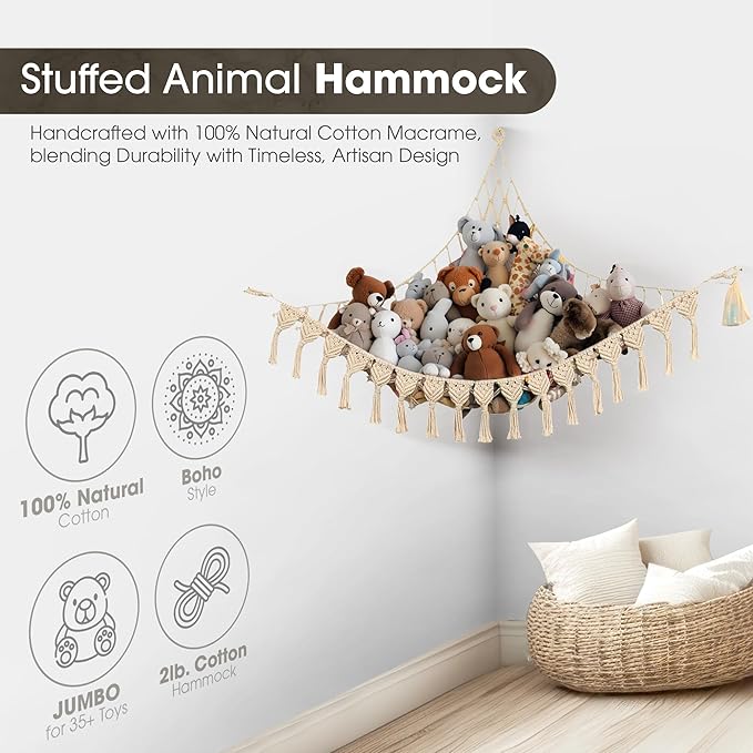 Extra Large Stuffed Animal Storage Hammock Corner with LED Lights – 25LB Capacity Hanging Toy Net for Small or Large Plushies, Boho Macrame Squishmallow, Plush Net, Gray