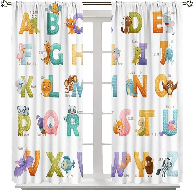 Kids Alphabet Curtains Educational Baby Cartoon Animals Colorful Cute Curtain with Rod Pocket for Nursery Living Room Home Decor Drapes Window Treatments 2 Panels Set 63x63in