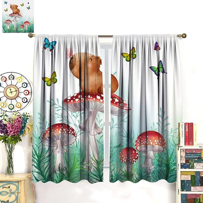 Cartoon Animals Curtains, Cute Butterfly Capybara Blackout Window Treatments, Rod Pocket Thermal Insulated Drapes 2 Panel Sets for Kids Bedroom Nursery Classroom, 42" W X 63" L