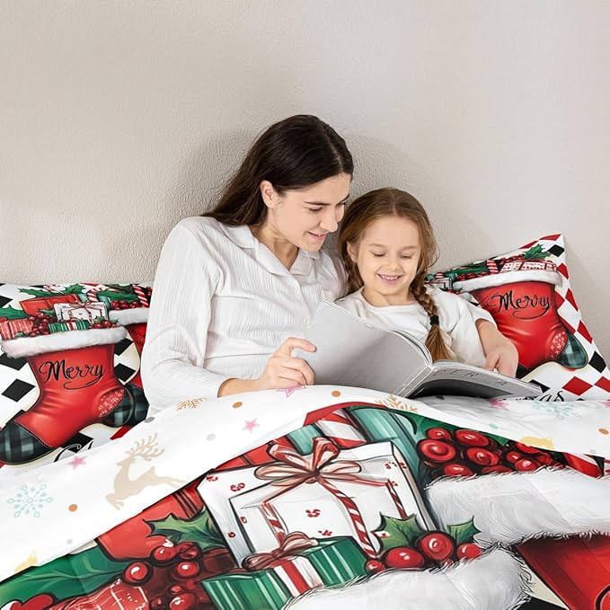 Feelyou Merry Christmas Comforter Set Toddler Size Cartoon Shoes Bedding Set for Kids Boys Girls Duvet Quilt Winter Bedroom Decor Microfiber 2 Pcs with 1 Pillow Cases
