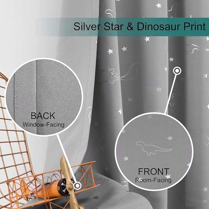 LORDTEX Dinosaur and Star Foil Print Blackout Curtains for Kids Room - Thermal Insulated Curtains Noise Reducing Window Drapes for Boys and Girls Bedroom, 52 x 95 Inch, Light Grey, Set of 2 Panels