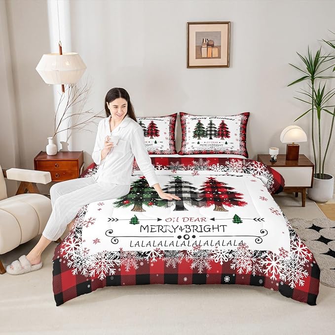 Christmas Comforter Set Full Size, Red Plaid Xmas Trees Bedding Set 3pcs , Winter Snowflake New Year Reversible Down Comforter for All Season, Kids Boys Girls Room Decor, 2 Pillowcases, No Sheets