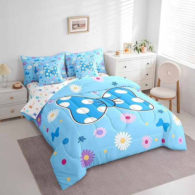 7 Pieces Blue Bowknot Kids Comforter Set Queen,Daisy Flowers Geometric Dot Patchwork Bedding Set,Star Bow Tie Princess Cute Dreamy（Comforter+Fitted+Flat Sheet+2 Pillowcases+2 Throw Pillow Covers）