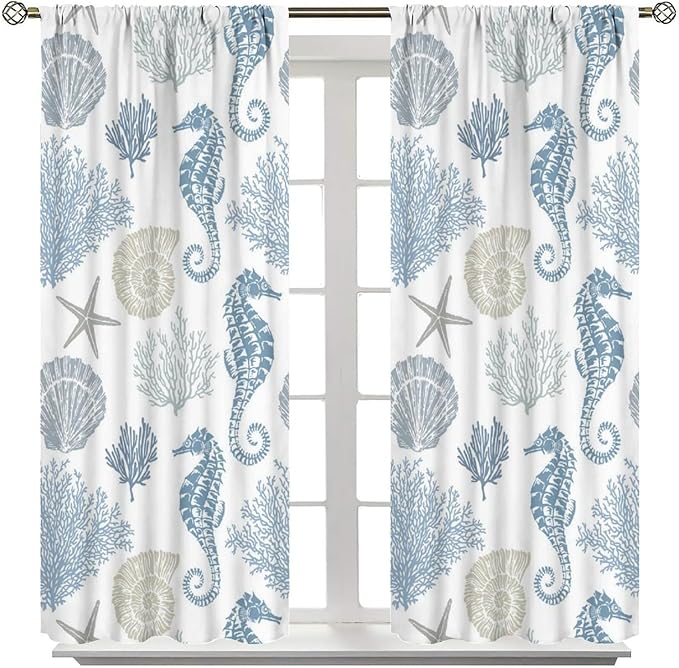 Seahorse Coral Curtains,Starfish Seashell Beach Sea Starfish Seashell Theme Pattern Blackout Print Home Bedroom Living Room Window Treatmen 2 Panel Set 63x63 Inch