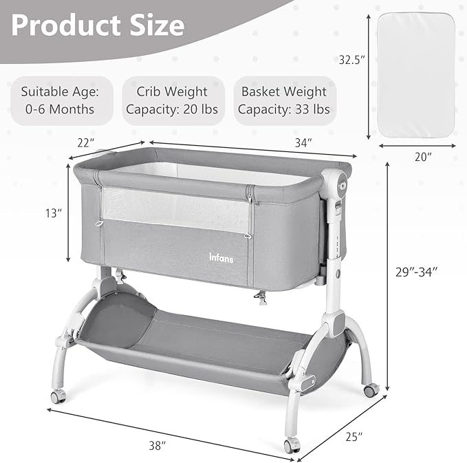 INFANS 3 in 1 Baby Bassinet, Bedside Sleeper, Rocking Cradle, Easy Folding Portable Safer Co-Sleeping Crib with Height Adjustable, Wheels Storage Basket Travel Bag for Infant Newborn (Gray)