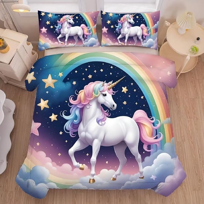 kxry Unicorn Galaxy Comforter Sets Twin Size Cartoon Blue Sky Rainbow Bedding Set Star Cloud Bedding Quilt for Kids Teens Girls 1 Comforter+ 1 Pillowcase