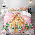 LUVIVIHOME 2PCS Pink Gingerbread House Duvet Cover Twin Bedding Sets, Teen Girl Bedding, Gingerbread Man Snowman Christmas Tree Candy Cane Winter Holiday Kids Christmas Comforter Cover, 1 Pillow Case
