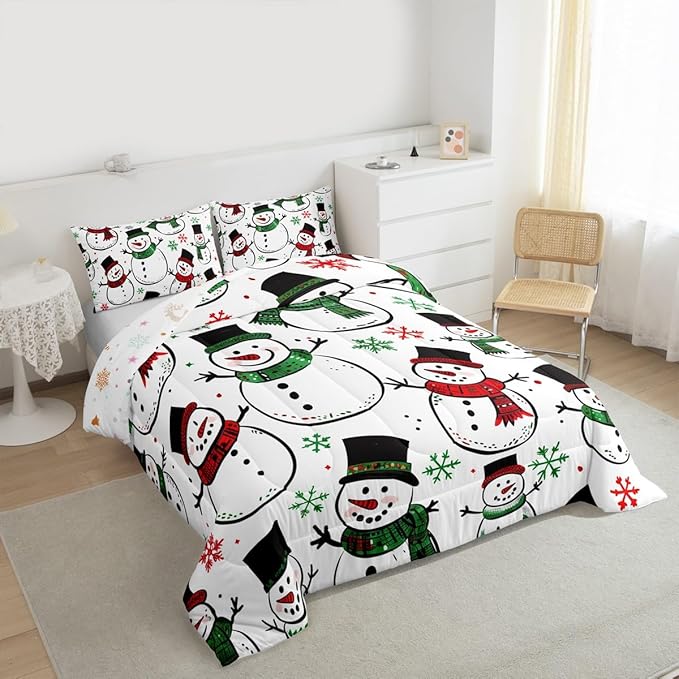 Feelyou Christmas Comforter Set All Season Snowman Bedding Set with 1 Pillow Cases Snowflake Microfiber Kids Twin Bedclothes Bedroom Decor Duvet Quilt Breathable Soft Lightweight