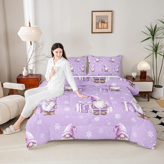 Feelyou Purple Christmas Kids Comforter Set King Size Scandinavian Christmas Santa Gnomes Bedding Set Xmas Snowflake Duvet Quilt for Kids Boys Girls Bedroom Decor Ultra Soft Breathable