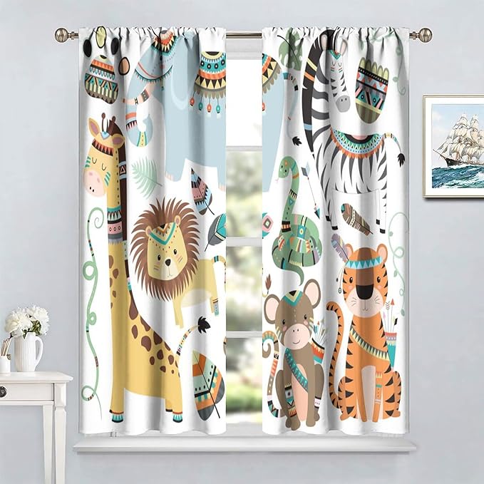 Jungle Tribal Animals Curtains, Southwest Aztec Cartoon Funny Zoo Animals Giraffe Lion Elephant Zebra Tiger Print Thermal Insulation Window Drapes for Kids Boys Girls Bedroom Living Room 63x72in
