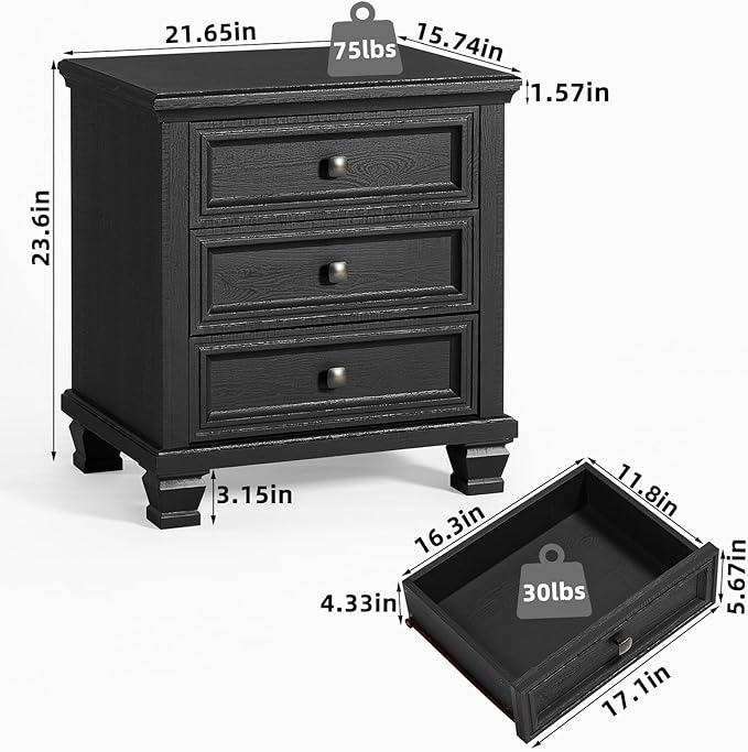 Farmhouse Black Bedroom Sets of 4, Includes 6 Drawer Large Dresser, Vintage Night Stand with 3 Drawers, Small 5 Chest of Drawers, Wood Rustic Dresser & Nightstand Set for Bedroom, Home