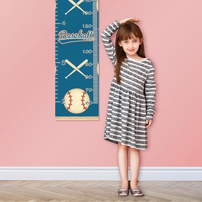 Personalized Kids Name Growth Chart Ruler for Wall Wood Frame Height Measure Chart 13.4x56 in Linen Hanging Height Growth Chart Baseball and Baseball Bat Sport Kids Room Decor