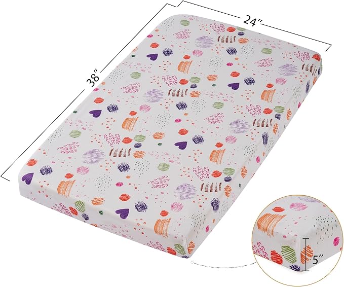 TILLYOU Mini Crib Sheets Fitted 2 Pack, Pack and Play Sheets for Toddler Mattress, Soft and Breathable 38”x 24” Pack n Play Mattresses Cover, Animal Graffiti & dot Printing