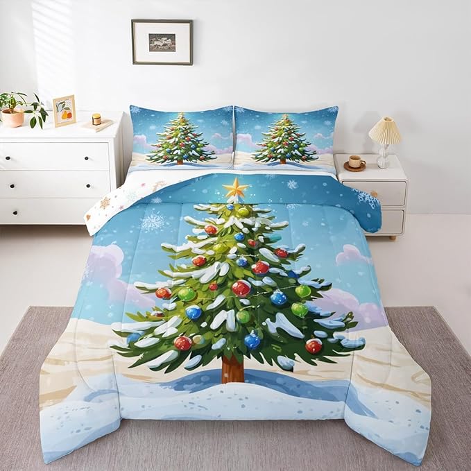 Feelyou Christmas Bedding Set Soft for Boys Girls, Xmas Tree Comforter Set Queen Size Christmas Tree Ornaments Duvet Quilt Microfiber Winter Snowflake Bedroom Decor 3 Pcs with 2 Pillow Cases