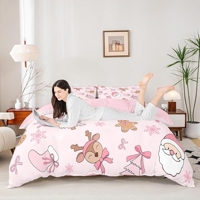 Kids Pink Christmas Bedding Set Full Size Merry Christmas Snowman Duvet Cover for Boys Girls Teens Bedroom Decor Santa Claus Comforter Cover Soft Microfiber Xmas Tree Deer with 2 Pillow Case
