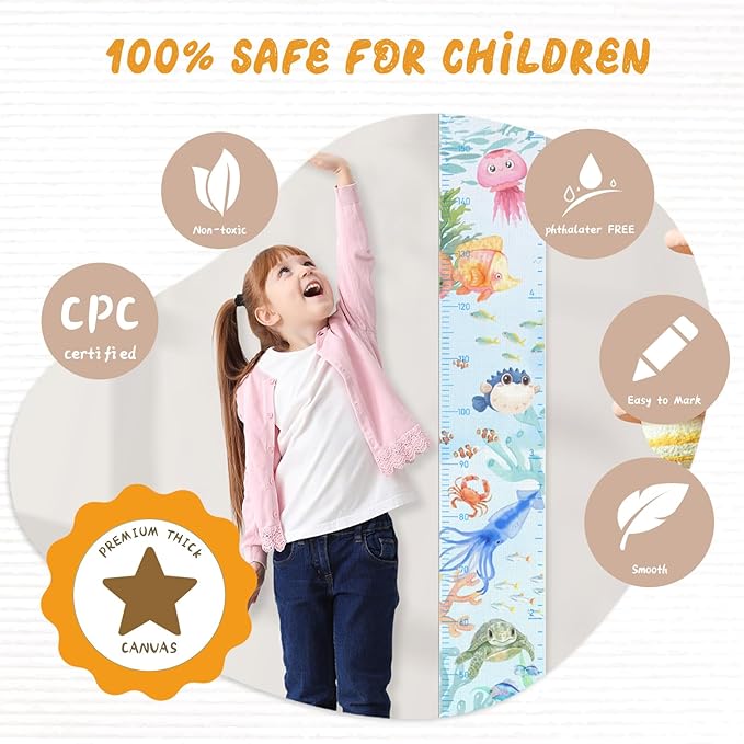 Personalized Name Growth Chart Wall Decor for Kids – Canvas Removable Height Chart Measuring Ruler 59" x 7.9" (Paint Marine Animals)