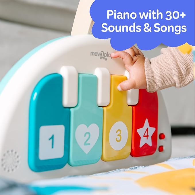 Move2Play, Montessori Inspired Wooden Kick & Play Baby Gym | Musical Piano | Thick + Soft Floor Mat | Tummy Time Activity Center | Play Mat for Newborns & Infants | Toys for Ages 0-6+ Months